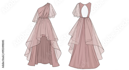 Sophisticated asymmetrical blush gown featuring a graceful high-low hem and delicate sheer layers.