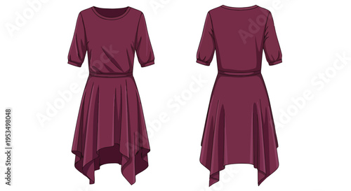 Elegant maroon dress with flowing asymmetrical hem design and cinched waist for modern women's fashion