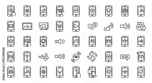 Collection of monochrome smartphone and device icons arranged in a grid for interface design and graphic resources.