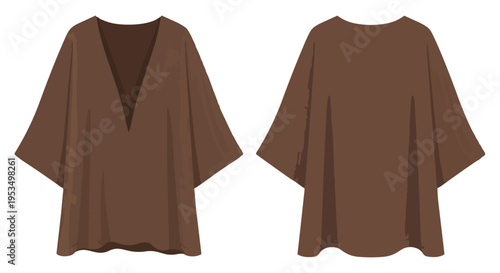 Minimalist plain brown v-neck short sleeve tunic top garment illustration front and back views comfortable fabric concept fashion apparel design