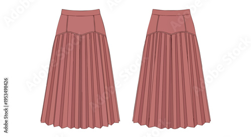 Technical flat drawing of a flowing pleated midi skirt in a warm rose hue, ideal for fashion design.