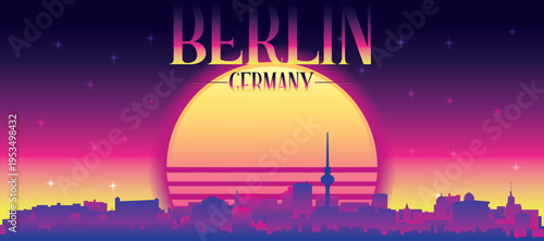 Purple generic retro futuristic synthwave panoramic poster of the city skyline with misty background sunset buildings of BERLIN, GERMANY