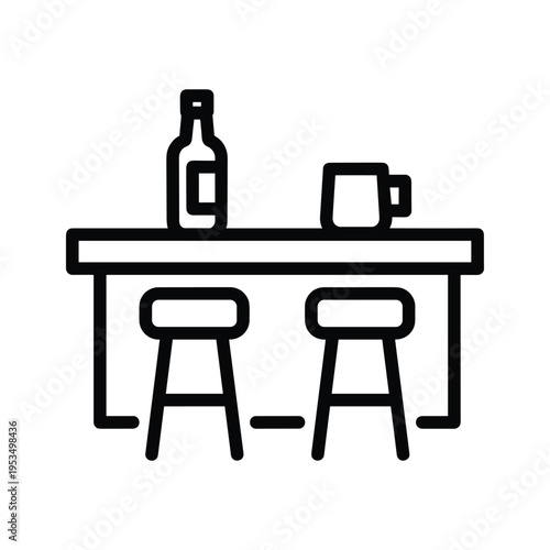 Bar Counter Icon with Bottle and Mug, Two Stools, Minimalist Design