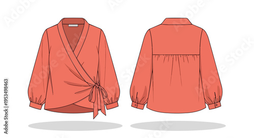 Vector illustration of a modern women's wrap blouse design with tie-front detail and voluminous cuffed sleeves