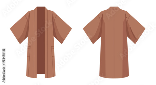 A contemporary graphic illustration of a comfortable light brown open robe, depicted from both its front and rear perspectives, showcasing