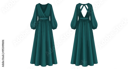 Elegant teal full-length gown showcasing a chic V-neck, graceful voluminous bishop sleeves, and an alluring open back design with a delicate