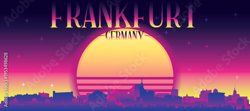 Purple generic retro futuristic synthwave panoramic poster of the city skyline with misty background sunset buildings of FRANKFURT, GERMANY