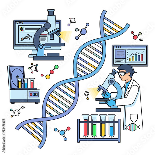 Biotechnology Laboratory Research Illustration with DNA and Scientist