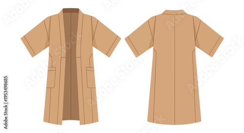 Flat illustration of a versatile beige robe with short sleeves, showing front with pockets and clean back, emphasizing comfort and relaxed home