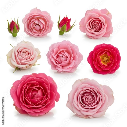 Beautiful pink roses arranged in different blooming stages on clean white
