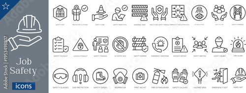32 Job Safety and Occupational Health Icons Minimalist Line Art for PPE, Workplace Security, and Emergency Preparedness