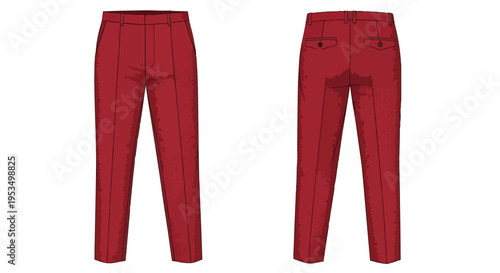 Contemporary men's rich red tailored trousers digital illustration, showcasing front and back views with refined detailing, ideal for fashion design