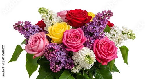 Fresh floral arrangement with roses and lilac flowers