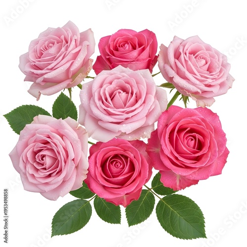 Beautiful bouquet of pink roses on white background