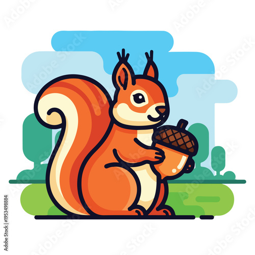 A cartoon squirrel holding an acorn, standing on grass, with trees
