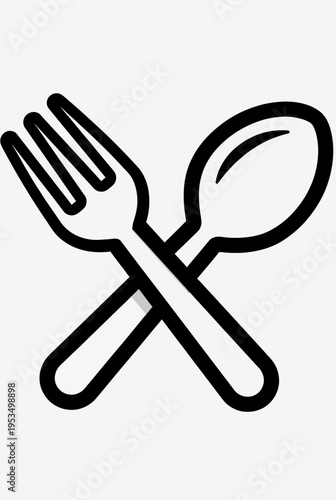 Simple black and white icon of a fork and spoon crossed together, representing food and dining. Versatile graphic for restaurants, cafes, and culinary themes