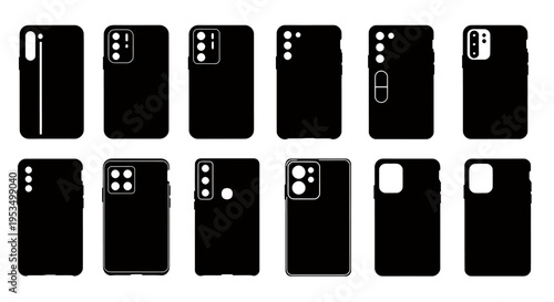 Collection of black smartphone cases displayed in a grid showing camera cutouts from multiple angles.