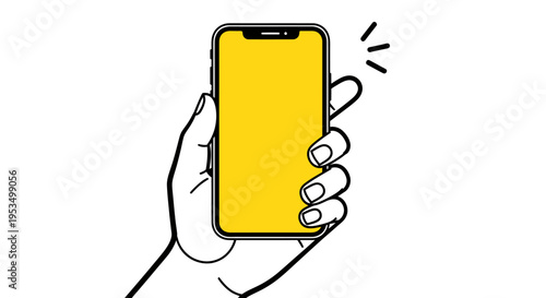 Minimal Illustration of a Hand Holding a Bright Yellow Smartphone Against White Background.