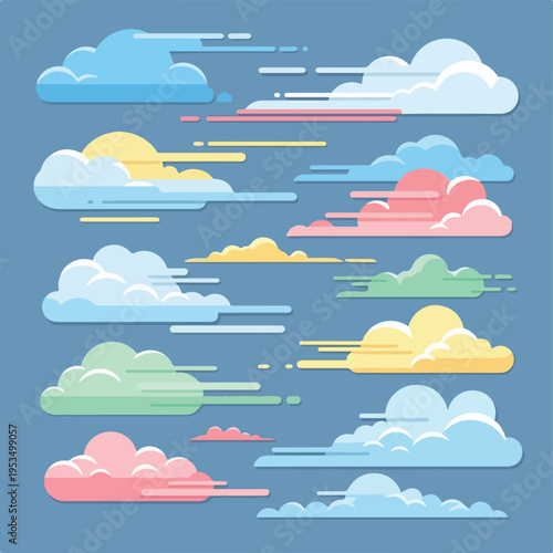 A collection of pastel-colored cartoon clouds with speed lines against blue sky