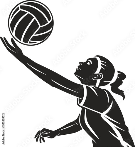 Volleyball serve silhouette, dynamic arm swing motion, professional match action, high contrast monochrome vector illustration, clean sports clip art