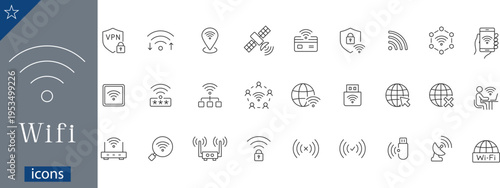32 WiFi and Wireless Connectivity Icons Minimalist Line Art for Network Security, Mobile Hotspots, Global Internet, and Wireless Infrastructure