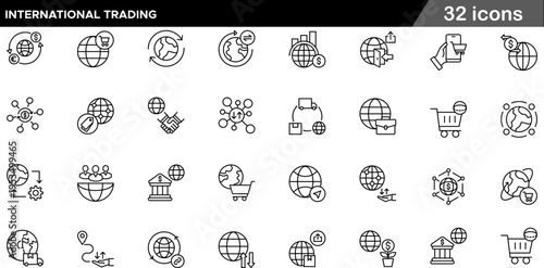 32 International Trading and Global Commerce Icons Minimalist Line Art for Import Export, Logistics, Finance, and E Commerce