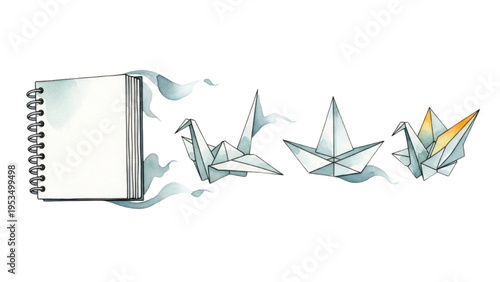Origami Cranes Emerging from Notebook Watercolor Illustration Creative Paper Art Minimal Imagination Concept