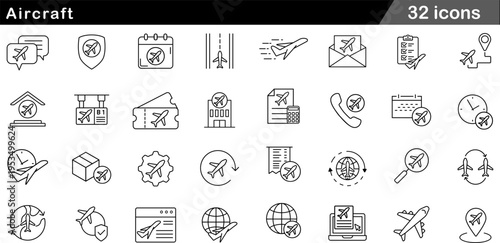 32 Aircraft and Aviation Logistics Icons Minimalist Line Art for Flight Tracking, Air Travel, Cargo, and Airport Operations