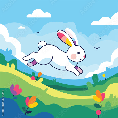 A cartoon-style depiction of a white bunny leaping across a vibrant landscape
