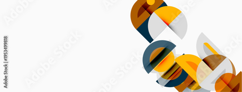 Abstract geometric shapes overlap, creating dynamic composition. Orange, gray, white colors dominate design. Minimalist style.