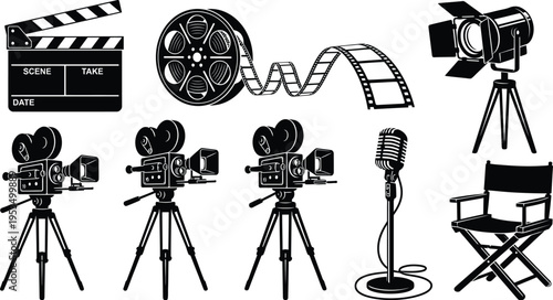 Vintage Film Equipment Vector Set, Movie Camera and Cinema Production Icons Collection