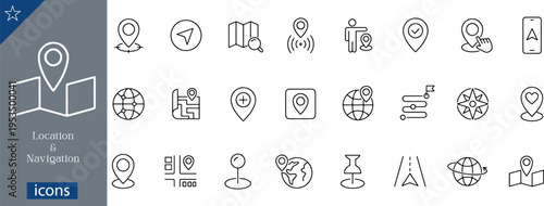 24 Location and Navigation Icons Minimalist Line Art for GPS, Mapping, Wayfinding, and Travel