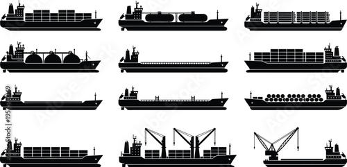 Cargo Ship Silhouettes Vector Set, Freight and Container Vessels Collection, Maritime Transport Icons