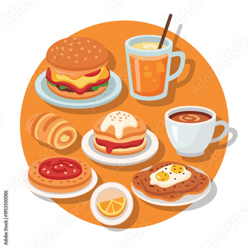A collection of various breakfast foods arranged in a circle