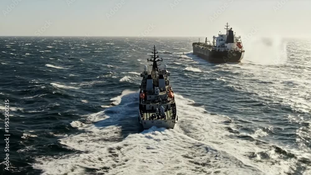 Maritime Examples Maritime scene featuring a naval vessel navigating through choppy ...