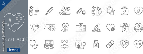 First Aid and Emergency Medical Icon Set 24 Minimalist Monolinear Vector Symbols for Healthcare, CPR, Emergency Response, Cardiac Care, and Medical Equipment