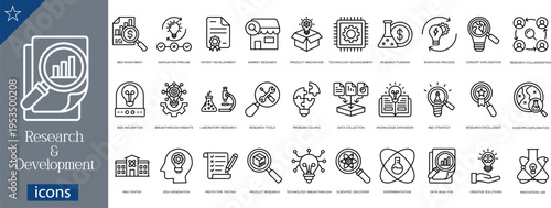 Research and Development R and D Icon Set 24 Minimalist Monolinear Vector Symbols for Science, Innovation, Data Analysis, Laboratory Research, and Product Discovery