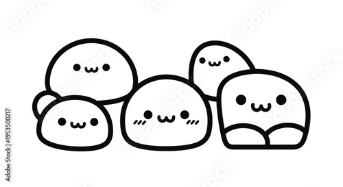 Adorable Kawaii Mochi Characters Black and White Outline Drawing.