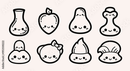 Adorable Kawaii Style Cartoon Icons of Various Objects with Cute Faces.