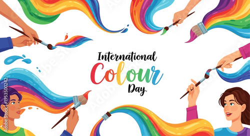 Illustration of diverse people painting colorful swirls on International Colour Day with vibrant hues and joyful expressions against a clean white background.