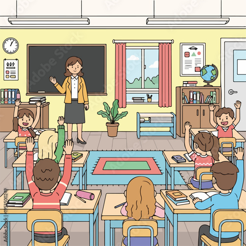 A cartoon-style illustration of a classroom with teacher and students