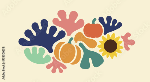 Autumn harvest elements with pumpkins and sunflower.