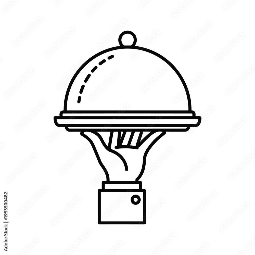Fototapeta premium Waiters hand holding cloche plate, simple line icon, restaurant service concept