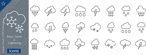 24 Rain Snow and Lightning Icons Minimalist Line Art for Weather and Storm Conditions