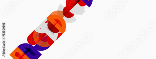 Colorful overlapping circles form abstract text. Shapes create dynamic visual composition. Bright hues dominate white background.