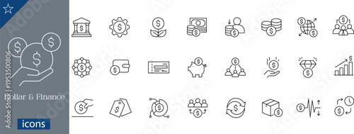 24 Dollar and Finance Icons Minimalist Line Art for Banking, Investment, and Currency Exchange