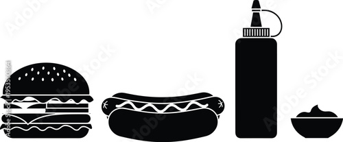 Fast food silhouette illustration set, hamburger, hot dog, sauce bottle, dip bowl vector artwork, casual dining, black icon