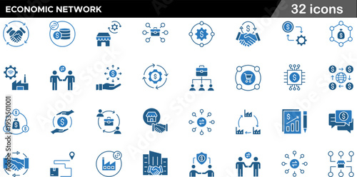 32 Economic Network Icons Dual Tone Semi Flat Set for Financial Systems, Trade, and Digital Economy
