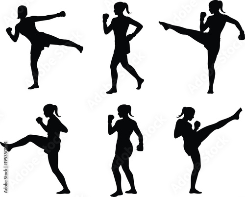 Female kickboxing silhouette set, woman martial arts fighter performing kicks and punches, fitness training combat sport isolated black figures