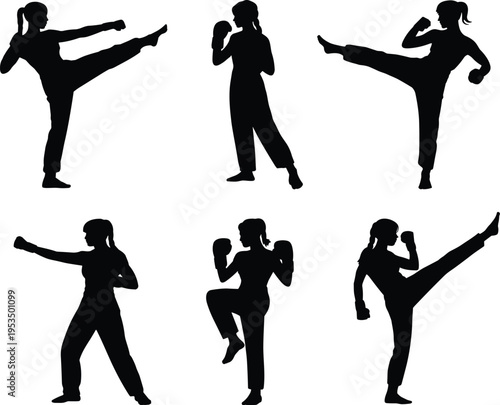 Female kickboxing silhouette set, woman martial arts fighter performing punches and high kicks, fitness training combat sport isolated figures
